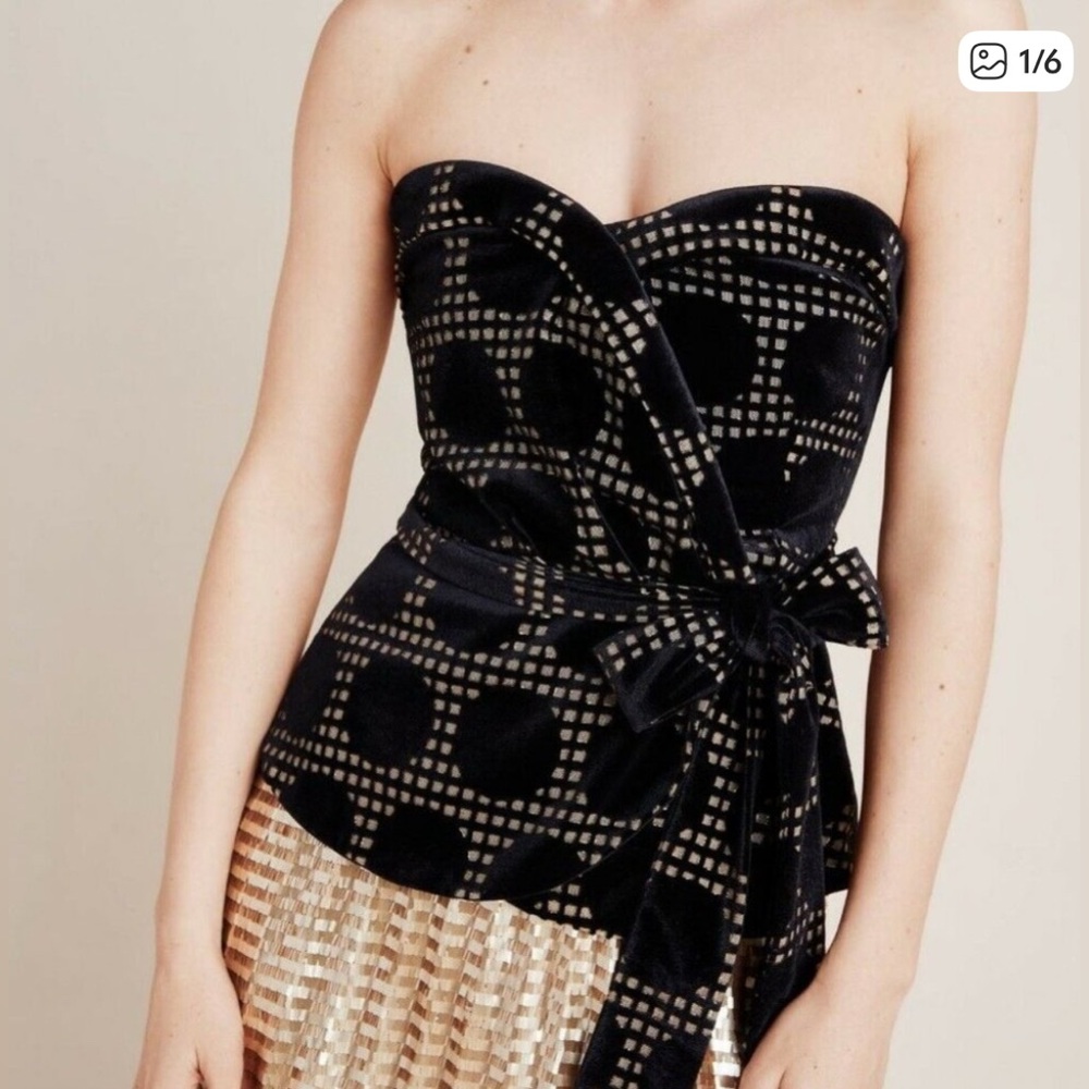 Anthropologie Black Patterned Velvet Strapless Peplum  Top
